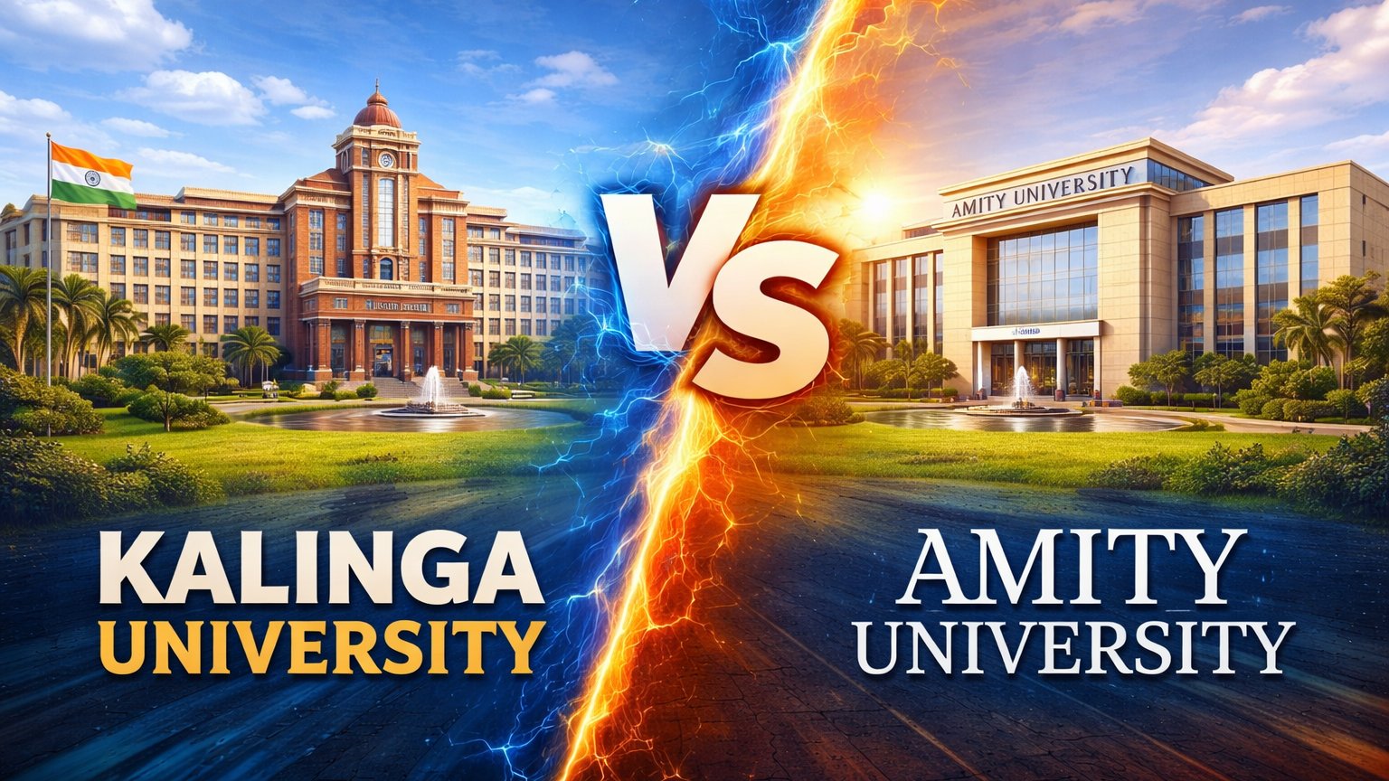 Kalinga University vs Amity University comparison image showing both campuses with a central VS design.