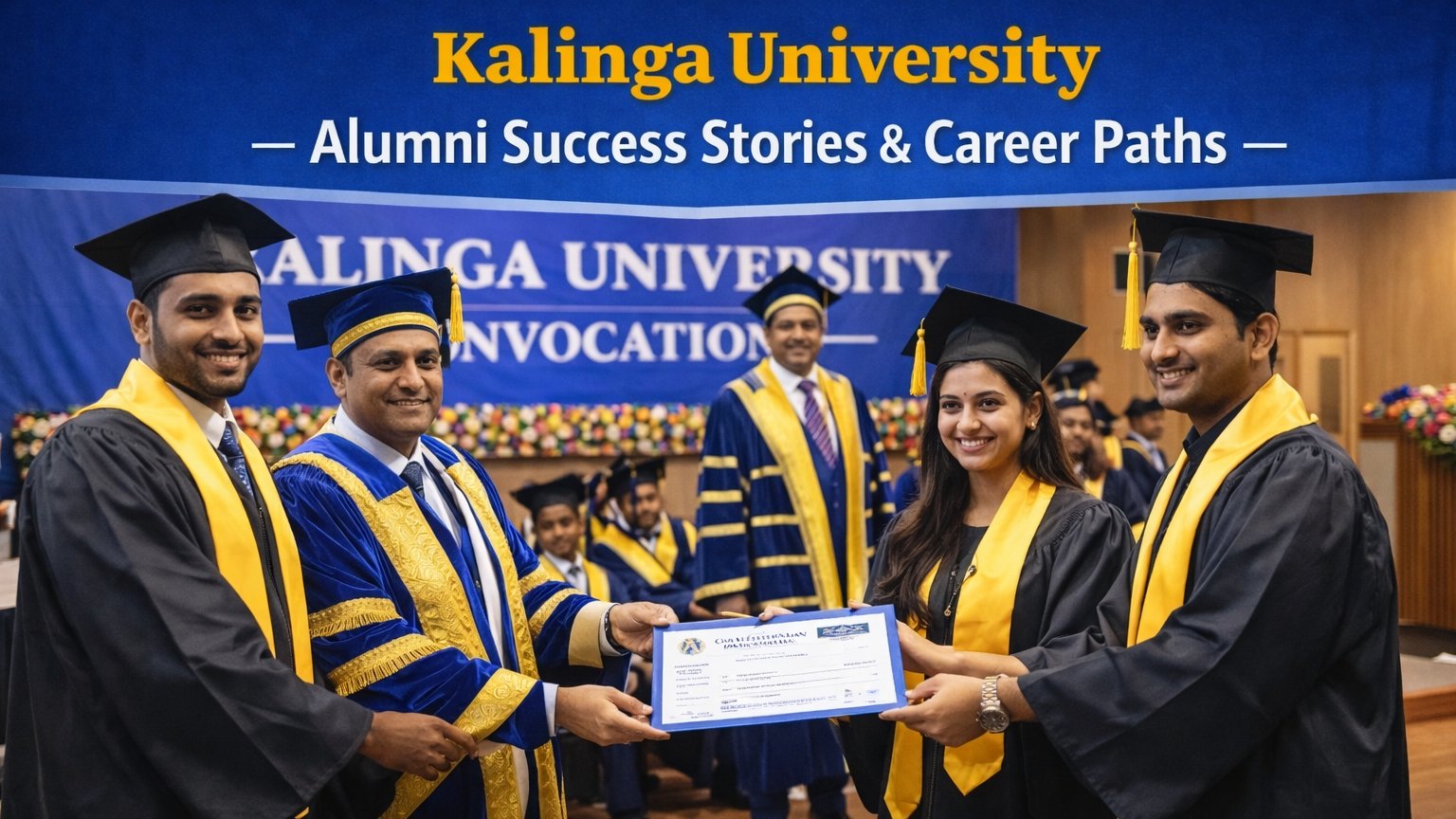 Graduation ceremony at Kalinga University where alumni students in caps and gowns receive their certificates on stage in a university hall.