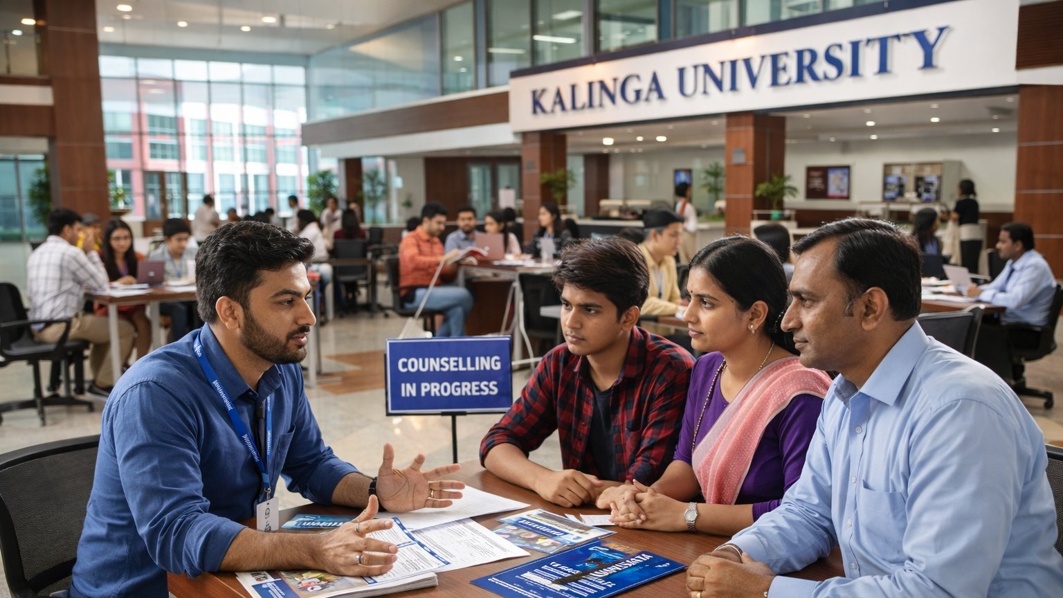 Admissions counselling session in progress inside Kalinga University building, where a counselor is guiding a student and parents about available courses while other counselling discussions are happening in the background.