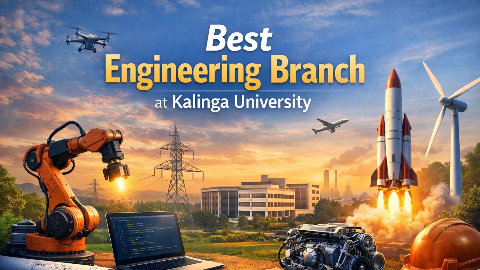 Best Engineering Branch at Kalinga University article cover showing a modern university campus with engineering elements like a robotic arm, rocket launch, etc