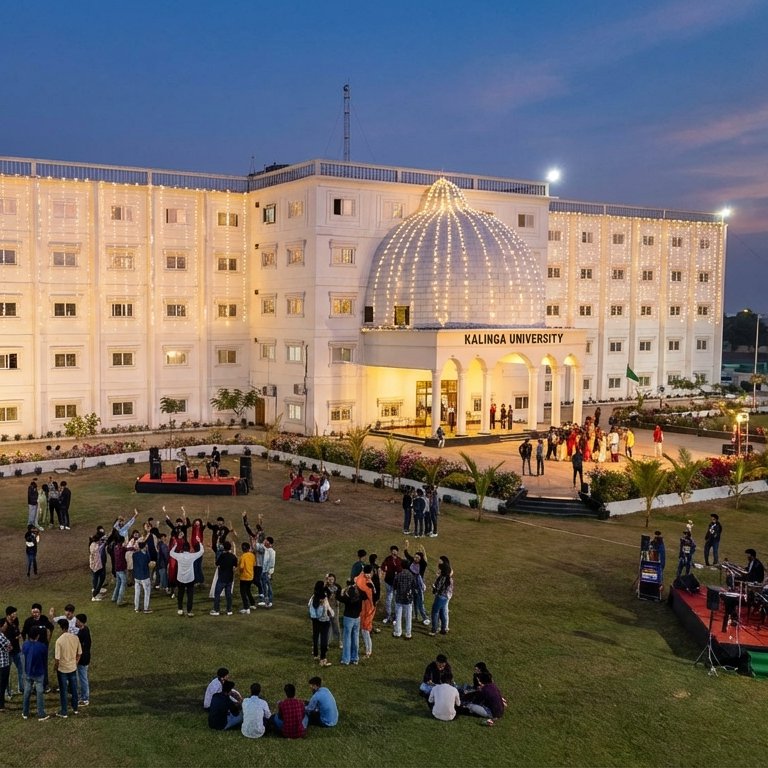 Kalinga University Students enjoying a lively night cultural festival with a stage performance of the illuminated Kalinga University campus building