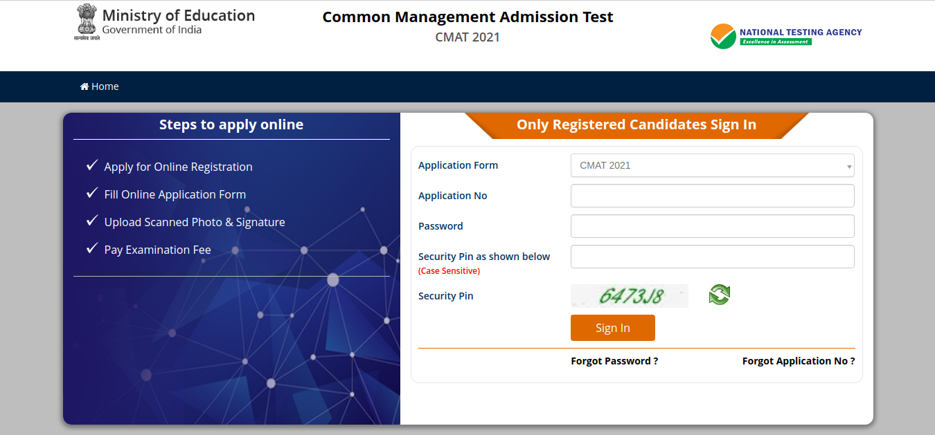 Log In Page of CMAT 2021 Application Form Correction