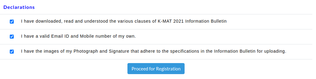 KMAT Kerala Declaration and Proceed to Registration Button