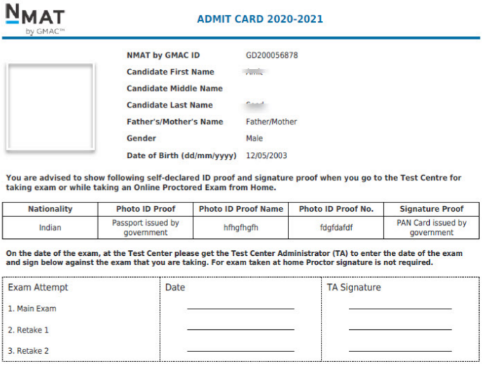 NMAT by GMAC Admit Card Sample