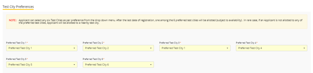 Test City Preference Box in CAT application form