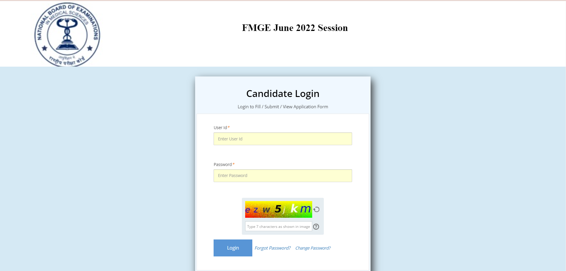 FMGE 2022 admit card login page
