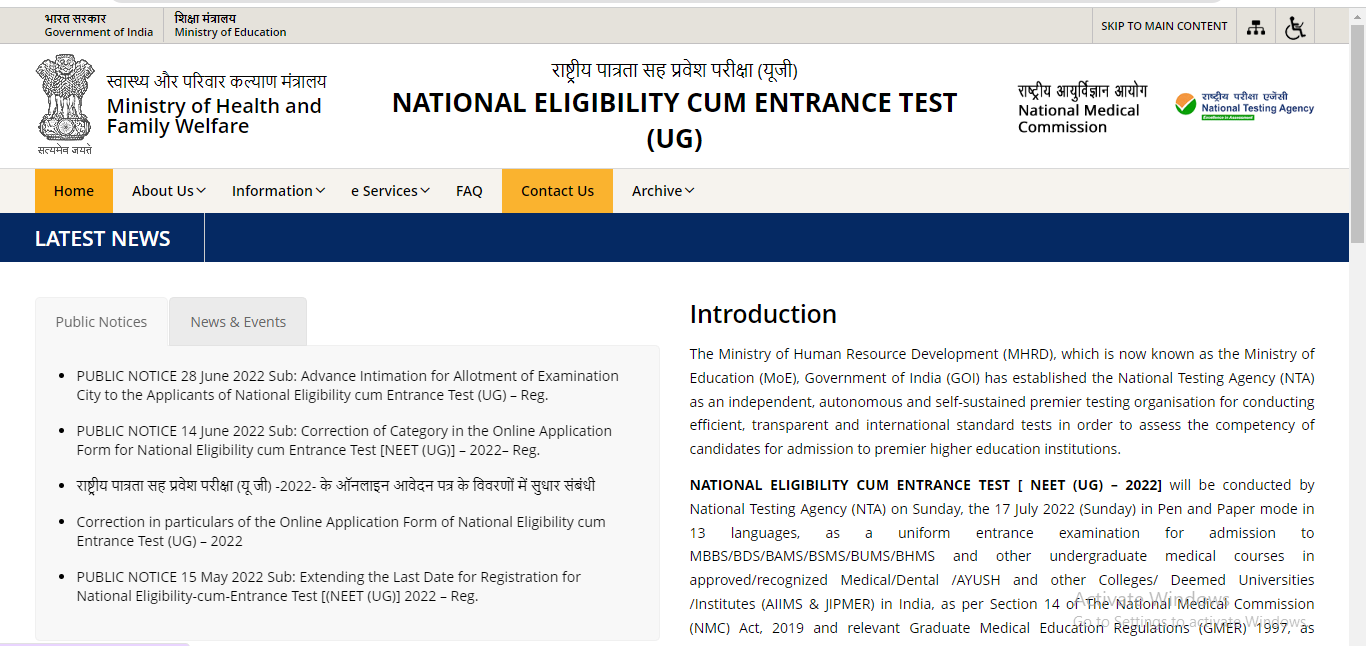 NEET 2022 admit card official page (neet.nta.nic.in)