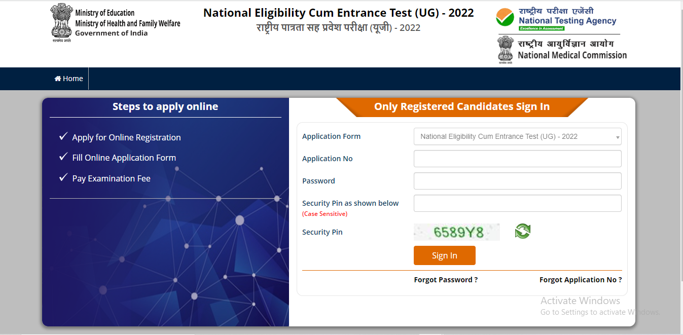 NEET admit card 2022 official login page