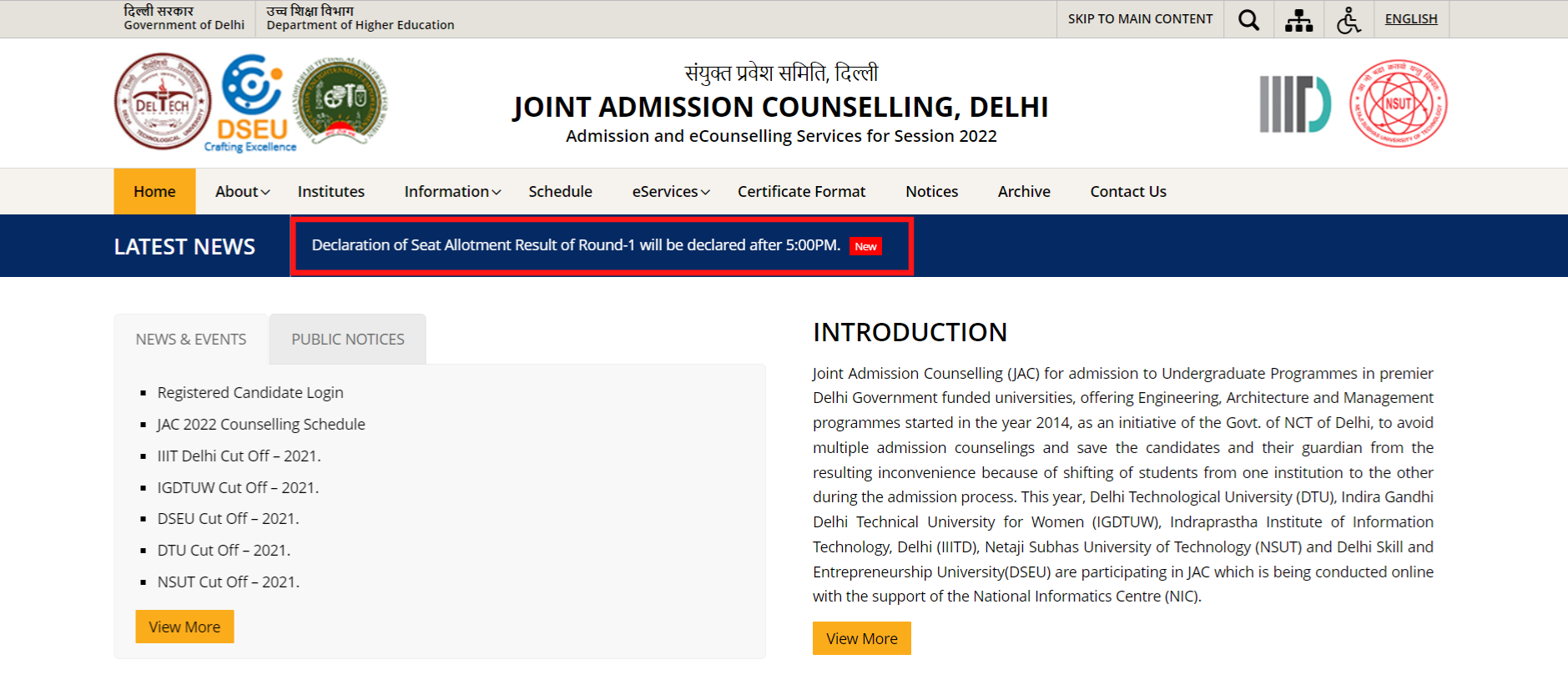 JAC Delhi Seat Allotment Result Time